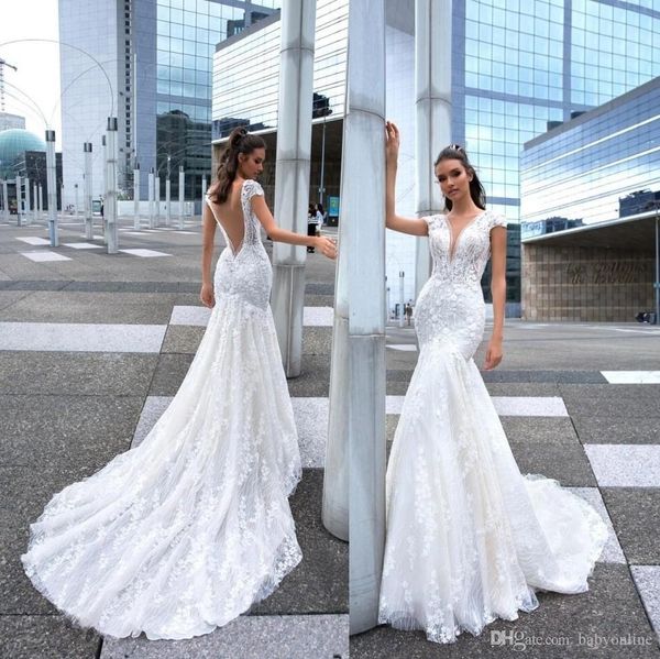 

2019 crystal design mermaid wedding dresses deep v neck lace beads crystals country bridal gowns sweep train boho wedding dress, White
