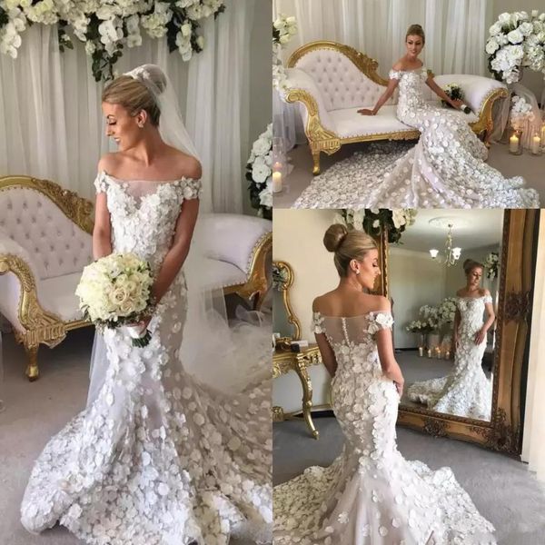 

gorgeous mermaid wedding dresses off shoulder petals handmade flowers appliques wedding dress sheer back covered buttons bridal gowns, White