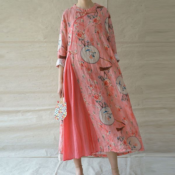 

qpfjqd женщины vintage стенд воротник тарелка пряжка cheongsam платья 2020 лето дамы хлопок белье китайский стиль печати платье, Black;gray