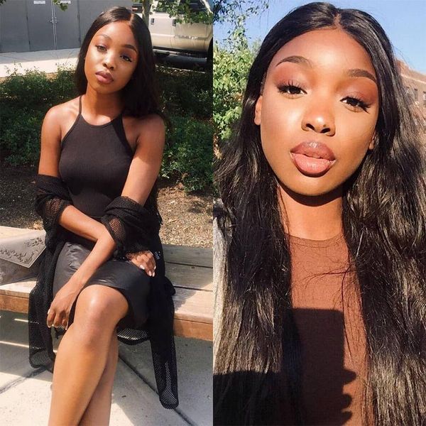 

human hair lace front wig with baby hair 150% density straight natural tinashe front lace wig, Black;brown