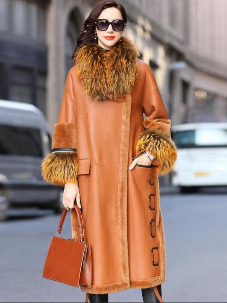 

двуликая натуральная шуба женская куртка из натуральной кожи зимнее пальто женщины енот меховой воротник роскошные шерстяные пальто my4403, Black