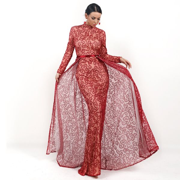 Long Red Mermaid Sequins Evening Dress Long Sleeve Floor Length