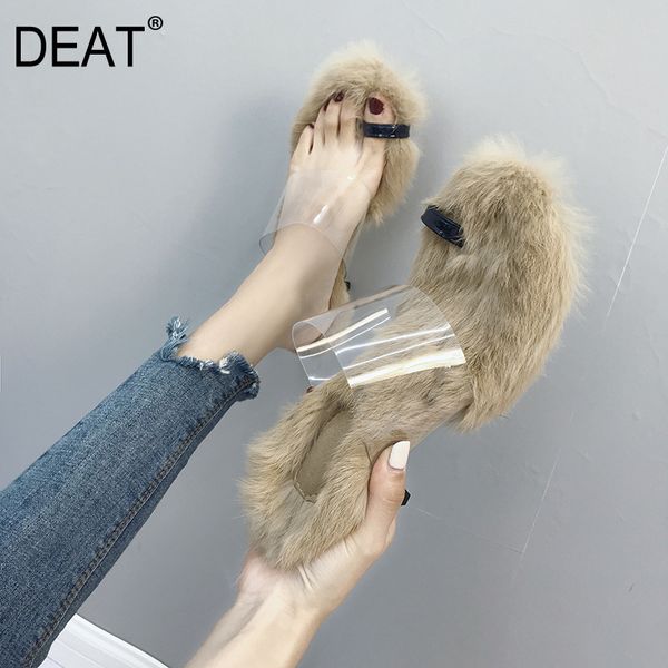 

deat] 2020 new spring summer round toe shallow transparent split toe fur thin heels slippers women shoes fashion tide 10g611, Black