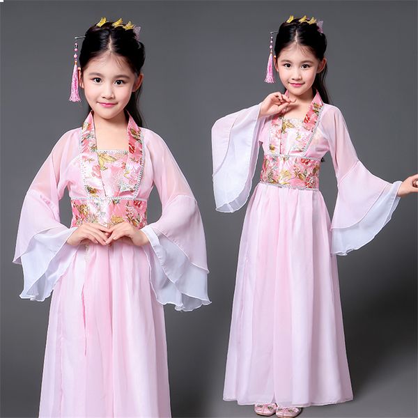 

hanfu ancient chinese traditional costume girls stage dance performance dress woman folk fairy outfits tangsuit for kids, Black;red