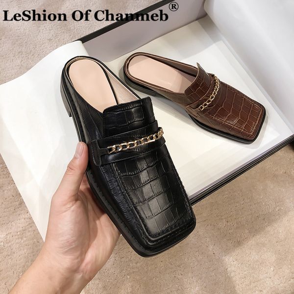 

gold metal chain loafers for women crocodile cow leather mules woman small size 33-43 slip ons flats ladies casaul party shoes, Black