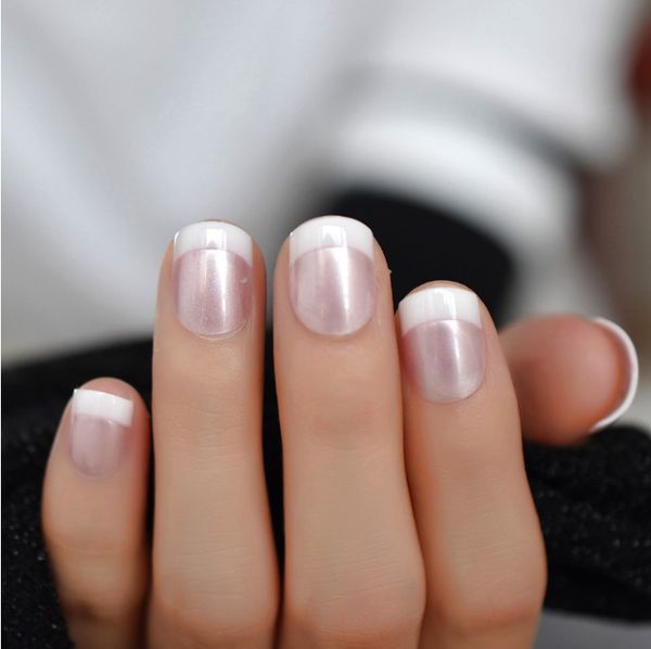 

french square nails short pink color nails smooth glossy surface tips pearl designed full cover nail, Red;gold