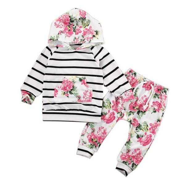 

2pcs baby girls clothes sets hooded pullover casual striped pants packet clothes sets outfits floral, Blue