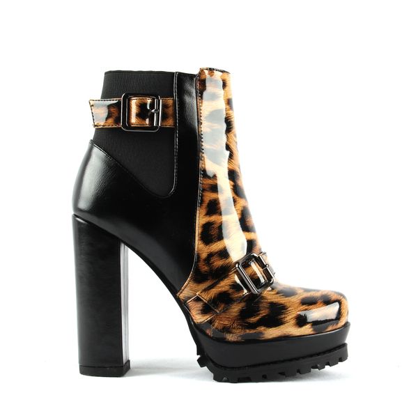 

platform ankle boots 12cm high square heels leopard patent leather shoes for woman round toe buckle boots, Black
