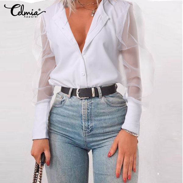 

women see-through blouse celmia summer mesh sheer long puff sleeve casual female shirt buttons loose party club blusas, White