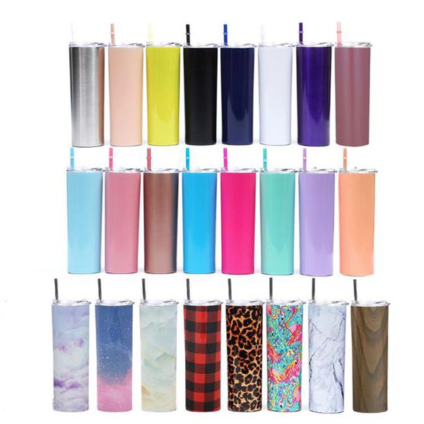 

20oz skinny tumbler with colorful straw and lid stainless steel vacuum insulated straight cup beer mug wholesale