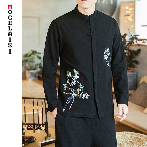 

new chinese style linen shirt men plus size 5xl casual embroidery pattern soft shirts man camisa masculina b375-c42, White;black