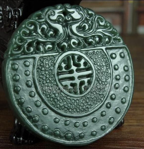 

beautiful handwork natural dark green hetian jade carved chinese double dragon lucky amulet pendant + necklace fine jewelry, Silver