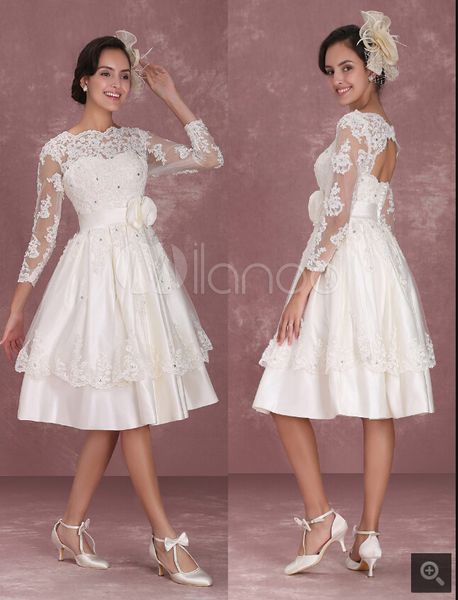 Discount Vintage Wedding Dresses 1950\u0027S Short Bridal Dress Lace Applique Long Sleeve Keyhole Flower Sash Tiered Wedding Reception Wedding Dresses