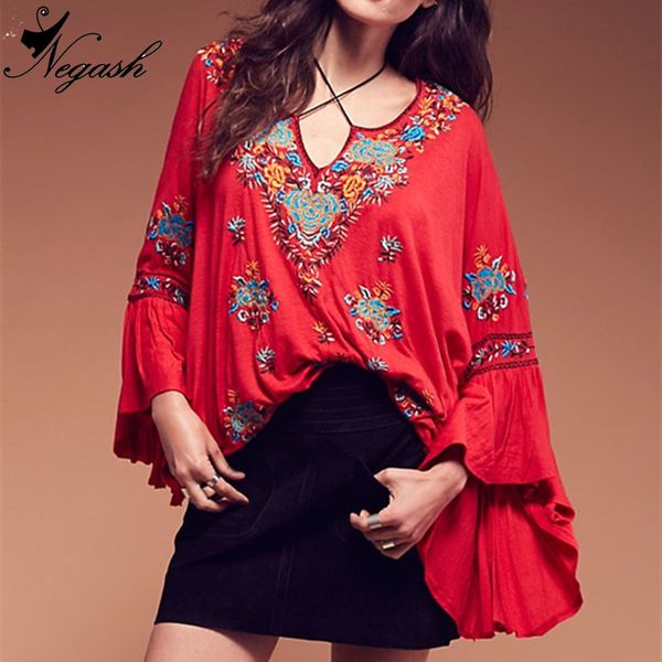 

2018 spring summer women's loose v neck bohemian embroidery flare sleeve cotton blouses plus size tassel shirts blusas, White