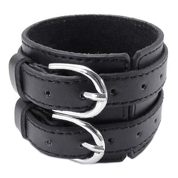 

men's ladies bracelet, wide leather bangle, adjustable buckle, black silver