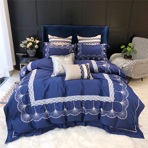 Luxury 60s Egyptian Cotton Royal Embroidery Bedding Set Blue Duvet