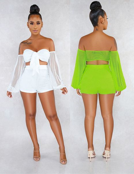 

перспектива sexy двух частей женская sheer шорты комплекты сплошного цвета с длинным рукавом высокая талия женщин 2pcs наборы, White