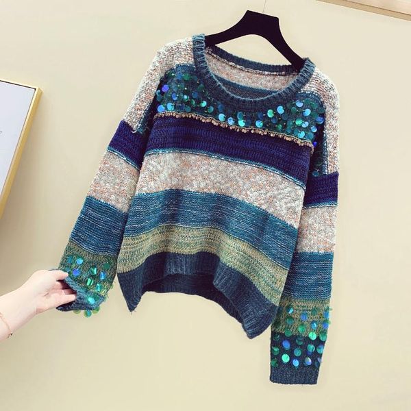 

2020 autumn winter new rainbow striped sequins beads round collar pullover sweater women's outwear coat jumpers student, White;black