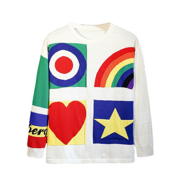 

2019 new preppy style autumn rainbow round knit neck pullover sweater embroidery crew neck sweater panelled sweaters wholesale size s-l, White;black