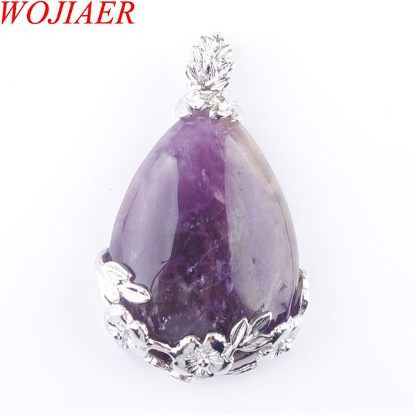 

wojiaer tear water drop love natural amethyst gem stone pendant necklace reiki bead women jewelry dn3471, Silver