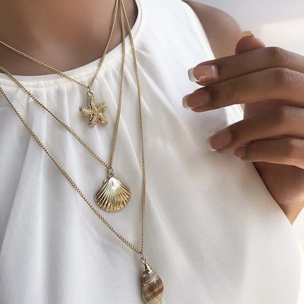 

bohemian women necklaces starfish shell conch pendant choker multilayer gold necklace set beach party jewelry accessories, Silver