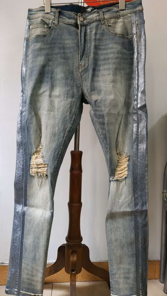 

arrival mens designer ami jeans fashion straight silver side stripe jeans pants distressed water diamond stripes jeans us size 29-40, Blue