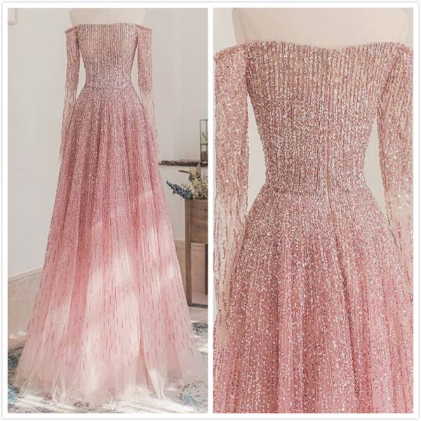 

aso ebi 2020 arabic pink luxurious evening dresses beaded long sleeves prom dresses a-line formal party second reception gowns zj564, Black;red
