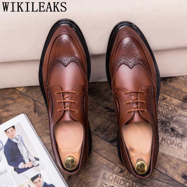 

brogue shoes men formal italian brand business shoes men oxford leather coiffeur brown dress elegant for erkek ayakkab, Black