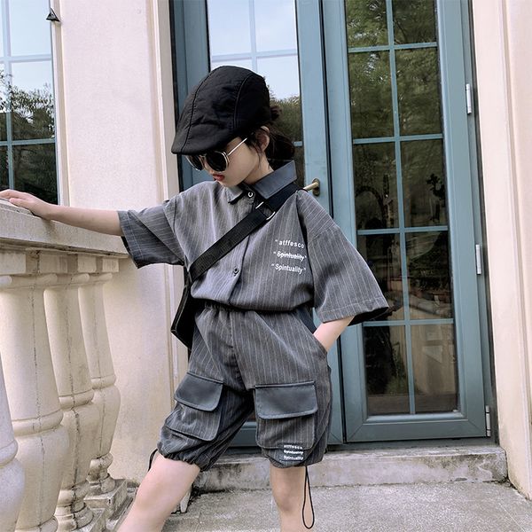 

baby girl suit 2020 summer new middle-aged boy boy hong kong style short-sleeved shirt tooling beam feet shorts two-piece suit, White