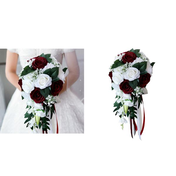 

2pcs wedding hand bouquet bridal holding artificial flowers white + wine red