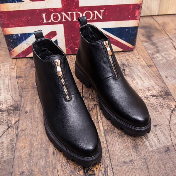 

men boots genuine leather autumn shoes male high motorcycle boots lace up winter boot plush fur warm snow, Black
