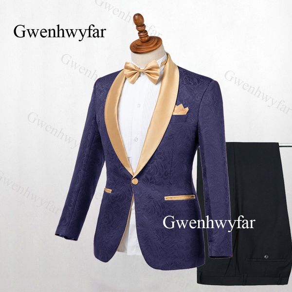 Gwenhwyfar Abiti da uomo Blu navy Bianco Avorio 2019 jacquard Smoking da sposo Scialle dorato Risvolto Abiti da uomo Abiti da sposa (giacca + pantaloni)