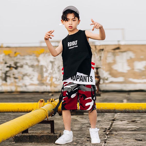 

boy hip hop dance costume kids black vest red camouflage pants boys mordern jazz street dance clothes children stage show dn2083, Black;red