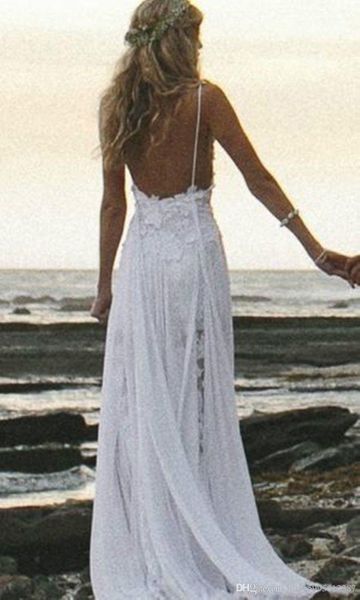 2020 New Sexy praia vestidos de casamento Spaghetti apliques Low Back Lace Vestido de Noiva Verão Bohemian vestido de casamento nupcial