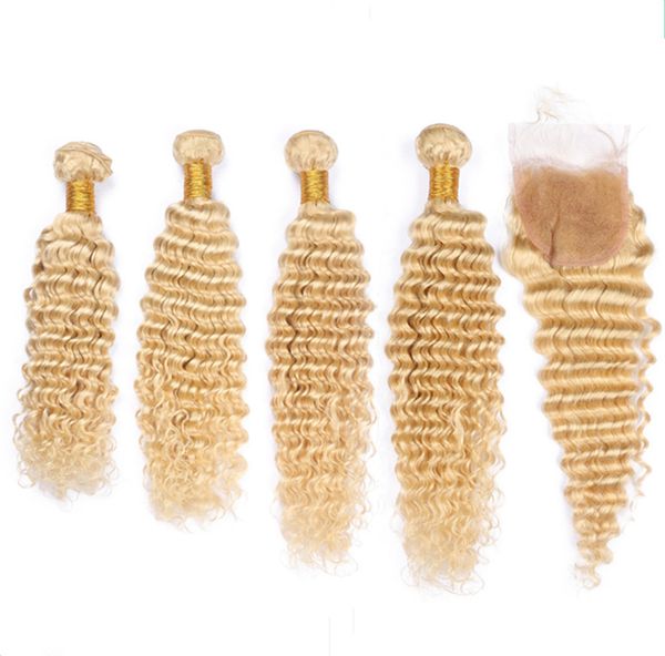 

613 blonde peruvian human hair weft with clo ure deep wave wavy 4bundle bleach blonde virgin hair weave with 4x4 lace front clo ure