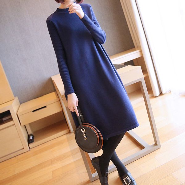

winter women knitted knit long dresses casual red loose a-line ladies fashion round neck long sleeve thick warm sweater clothing apparel, Black;gray