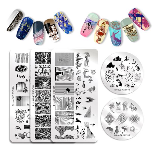 

nicole diary nail stamping plates template plaid flower patterns printing design stainless steel nail art image stencil big size, White