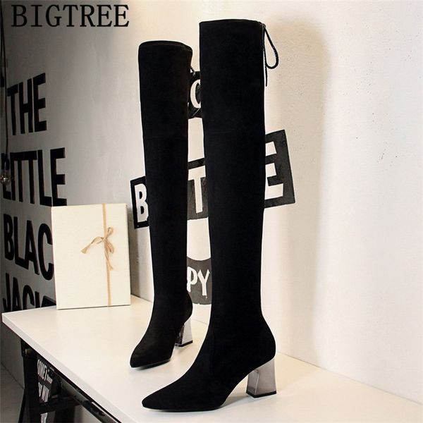 

thigh high boots thick heel bigtree shoes over the knee boots high heels women luxury heels chaussures femme ayakkabi buty, Black