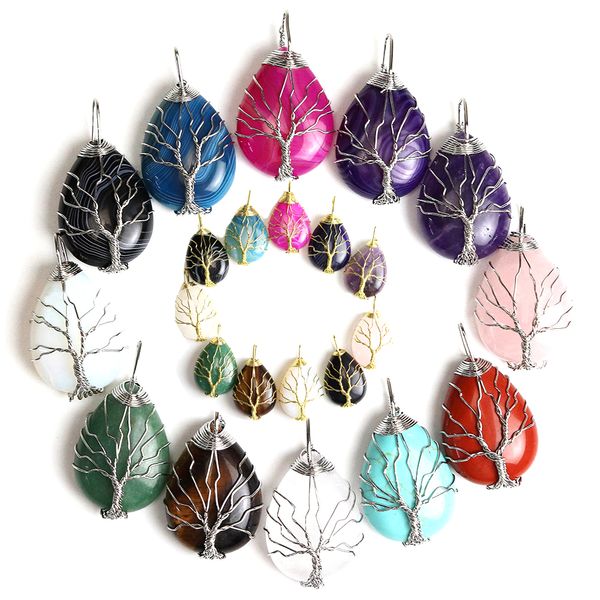 

waterdrop necklace pendants natural stone crystal tree of life jewelry for women charms bohemian silver gold wrap fashion jewelry