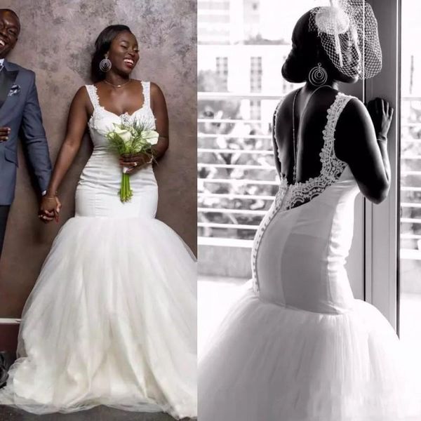 

2019 long african mermiad wedding dresses with lace spaghetti straps backless wedding bridal gowns plus size, White