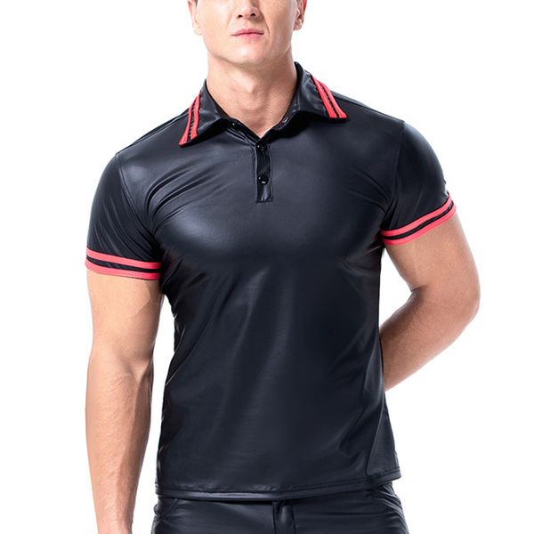 

summer leather tees men's fashion lapel short sleeve shirt tight men, White;black
