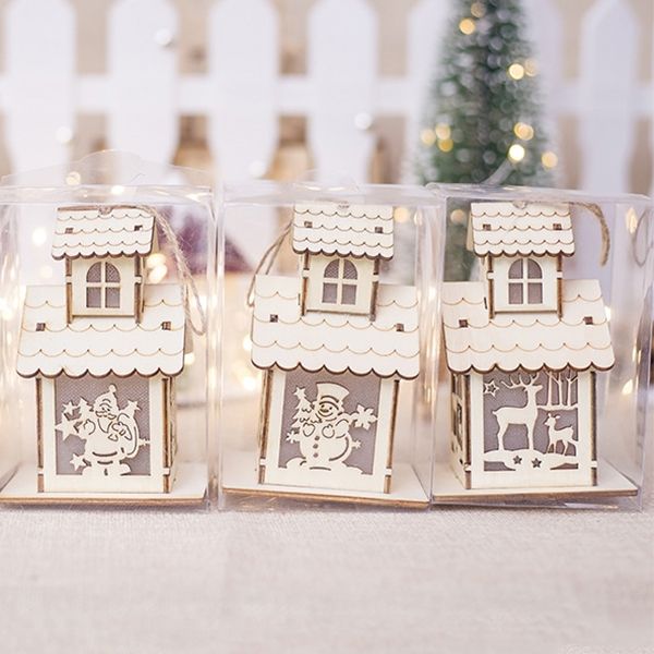 

1pc festival led light wood house christmas tree hanging ornaments holiday nice xmas gift wedding decoration two layers christmas decoration