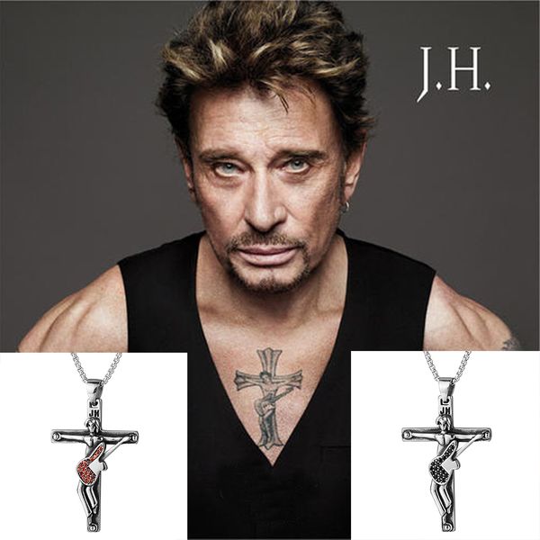 

316 stainless steel punk necklace rocker singer johnny hallyday cross pendant necklaces cz guitar christian crucifix, Silver