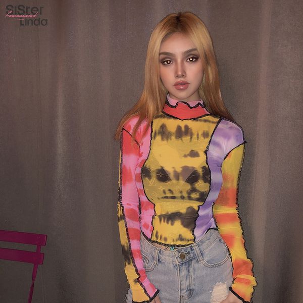 

fashion mesh colorful printing ruffled women basic t shirt hooded long sleeved high necked new slim t shirt mujer, White