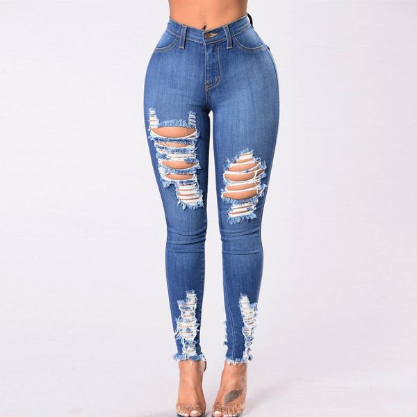 

hole jeans pants women ripped long denim high waist plus size capris shinny trousers slim stretch pantalones casual streetwear, Blue