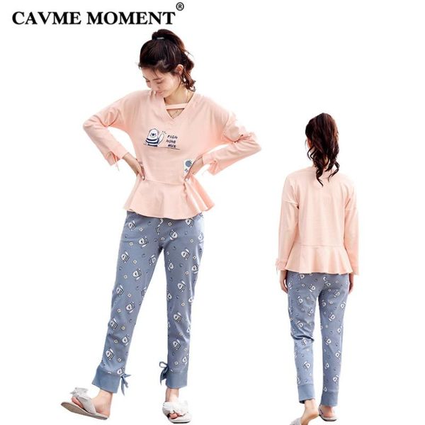 

cavme 2019 pure cotton pajama sets women homewear home clothes nightwear soft full sleeve full pants kawai printing 40-73kg, Blue;gray