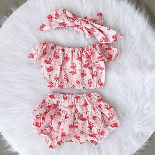 

1-6t toddler baby girl flamingo sunflower sunsuit clothes ruffle + layered pants + headband set, White