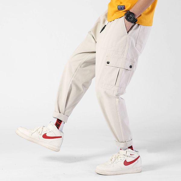 

men casual elastic waist cool cargo pants spring autumn pocket men pants fashion brand streetwear hip male cargo, Black