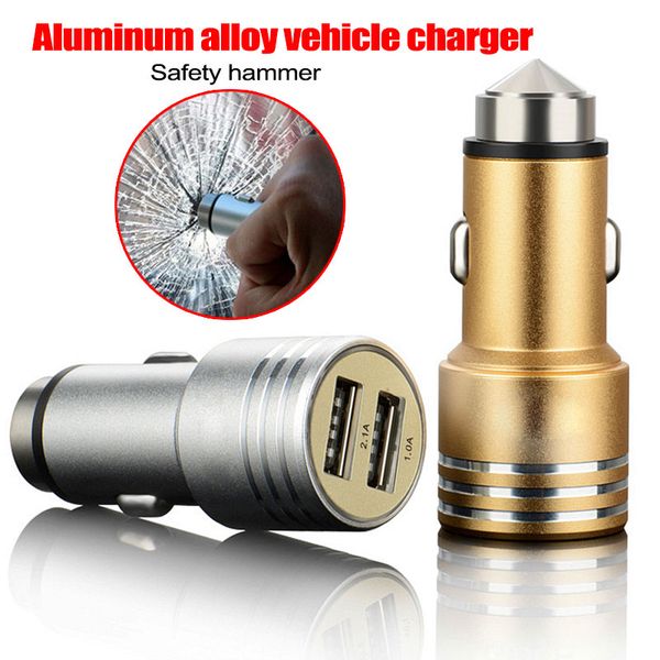 

Dual USB Car Charger Metal 2 Port Travel Power Adapter 5V 2.1A Mini Metal Aluminum Alloy Safety Hammer for Iphone7 Samsung HTC