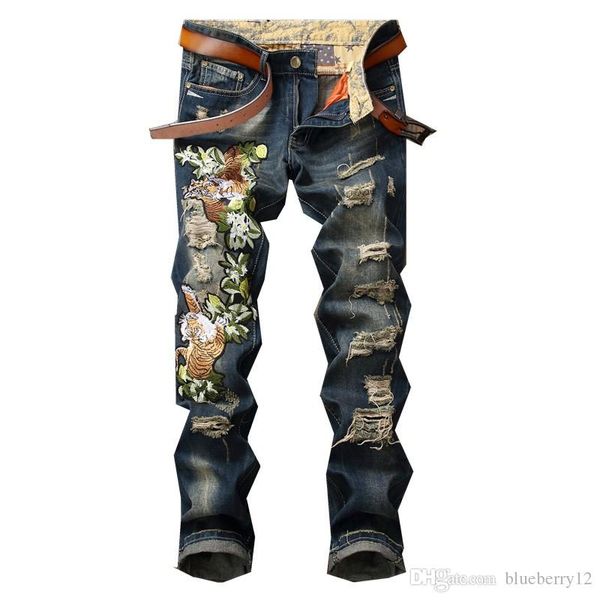 

mens jeans tiger embroidery holes ripped jeans fashion slim distressed trendy denim pants asian size 28-38, Blue